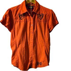 LNGU Harley Davidson Women's Orange and Black Embroidered Button Up